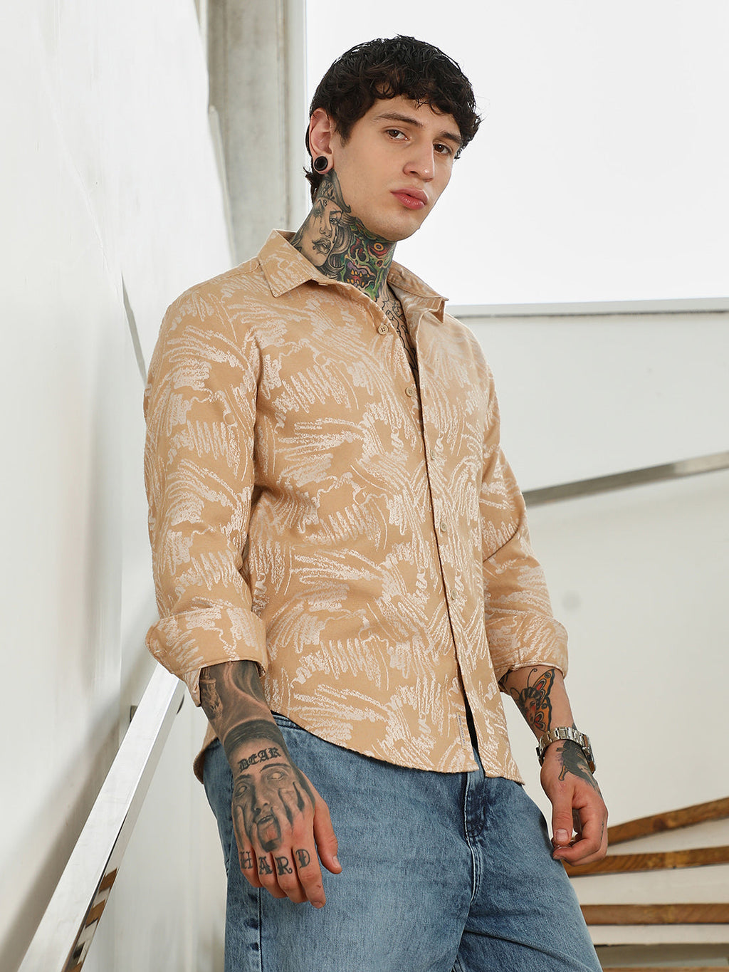 Campus Sutra Beige Abstract Printed Full Sleeve Shirt
