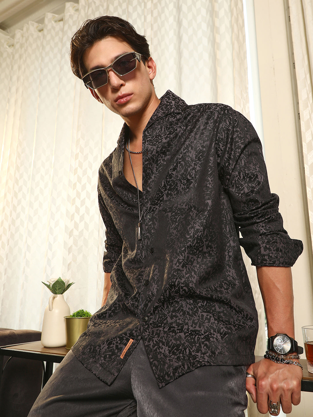 Campus Sutra Splatter-Jacquard Shirt