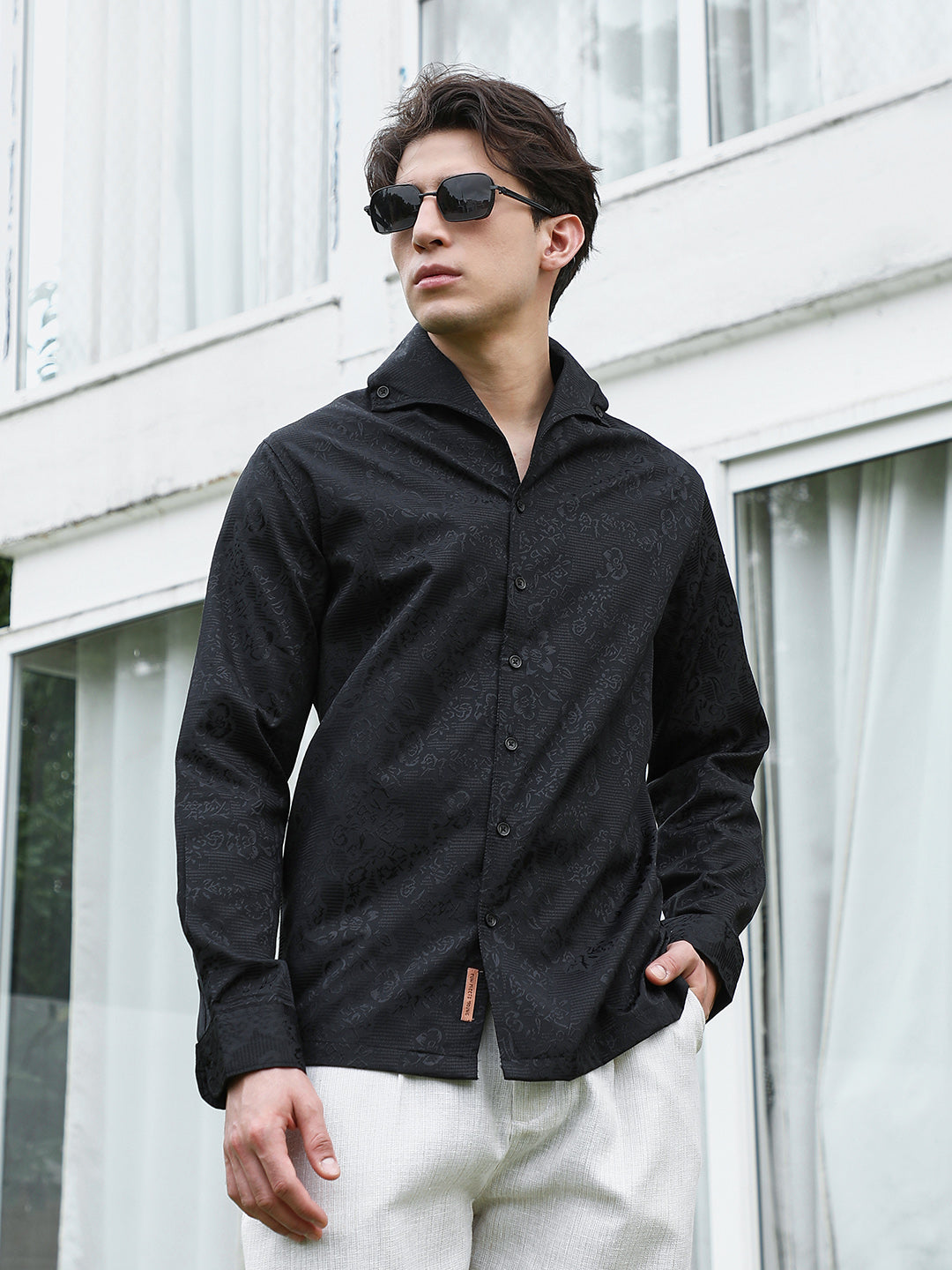 Campus Sutra Black Floral Self Design Full Sleeve Shirt