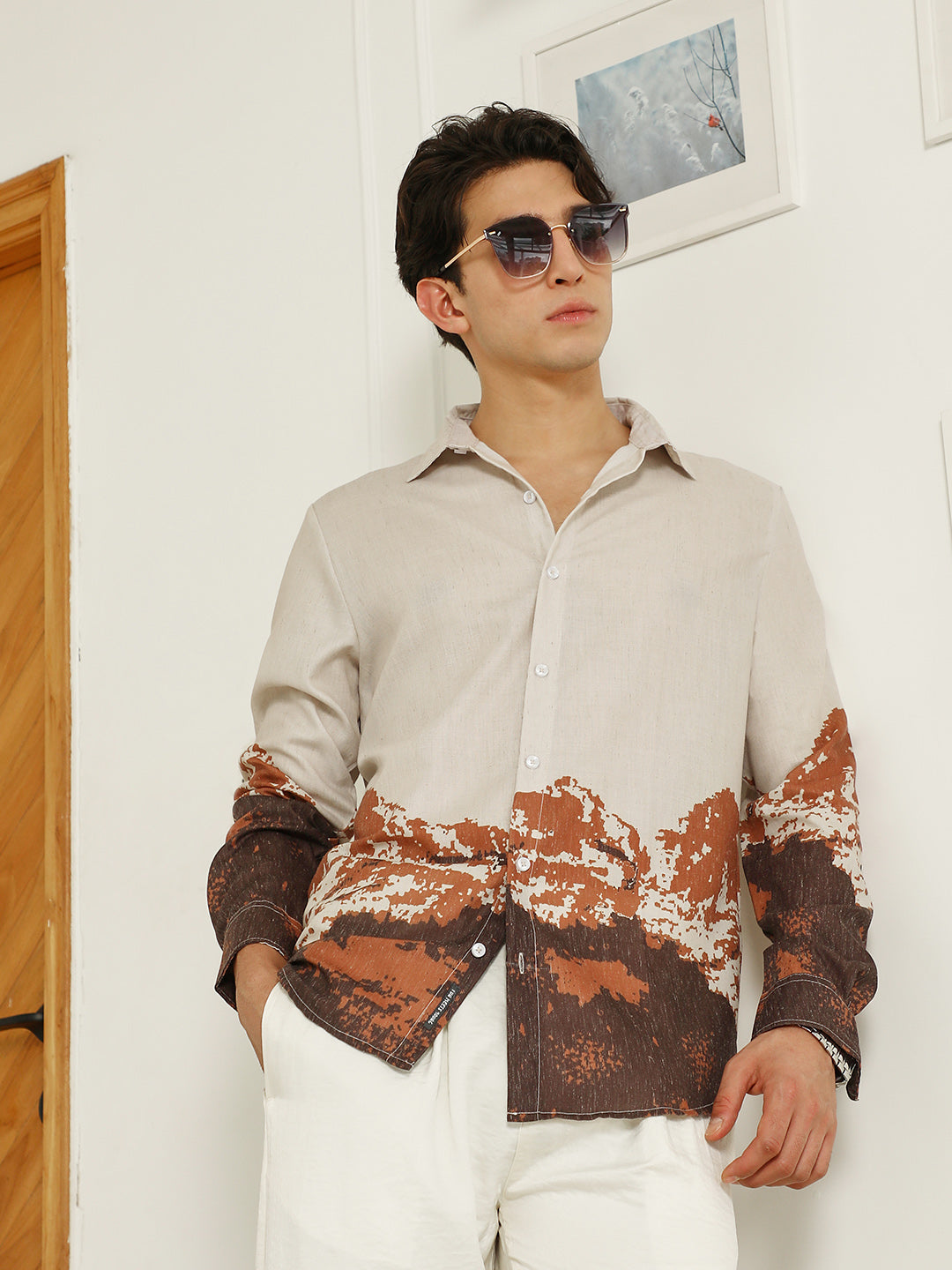 Campus Sutra Beige Rayon Shirt With Abstract Mountain Print