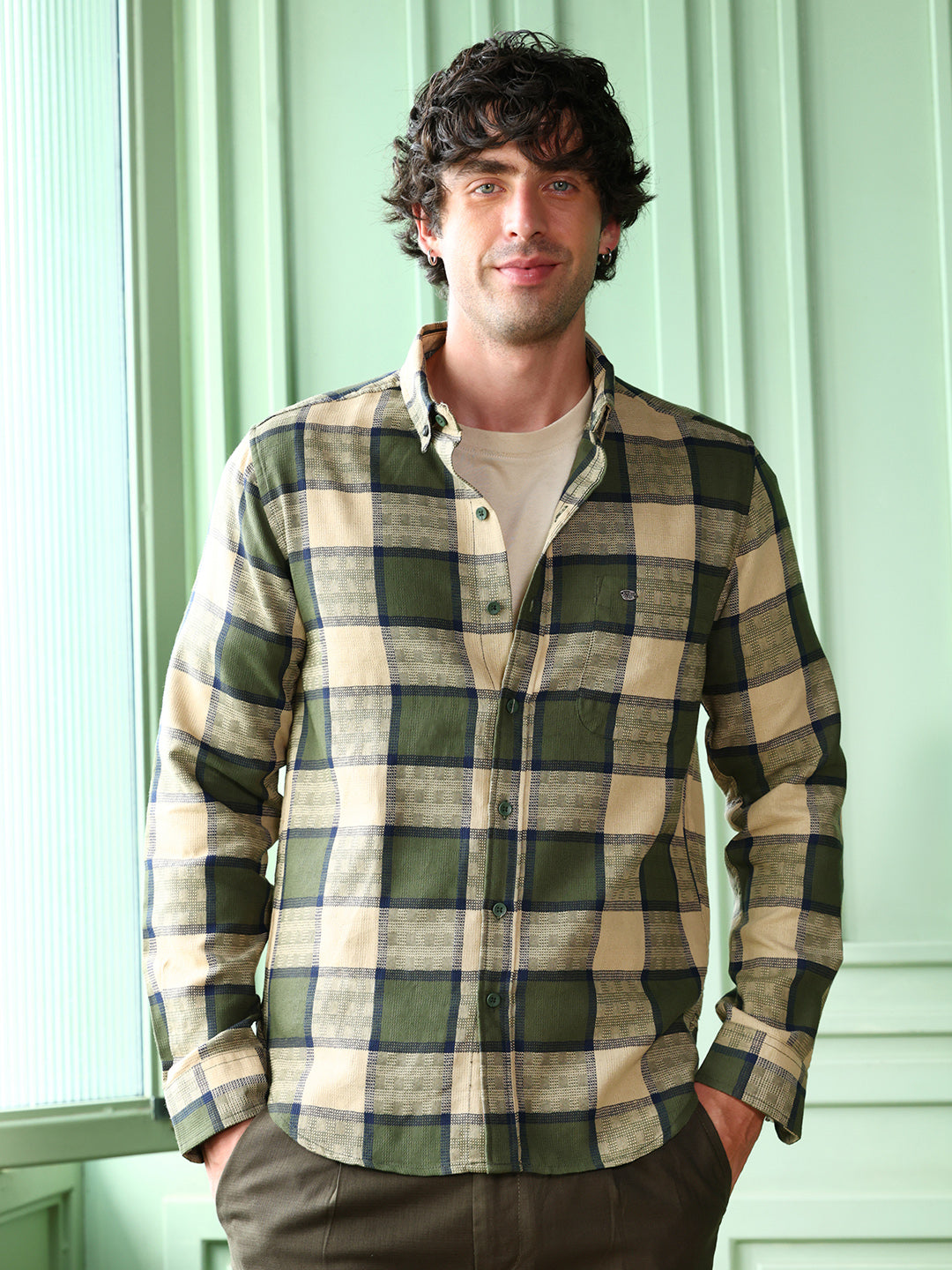 Campus Sutra Button-Down Block-Check Shirt