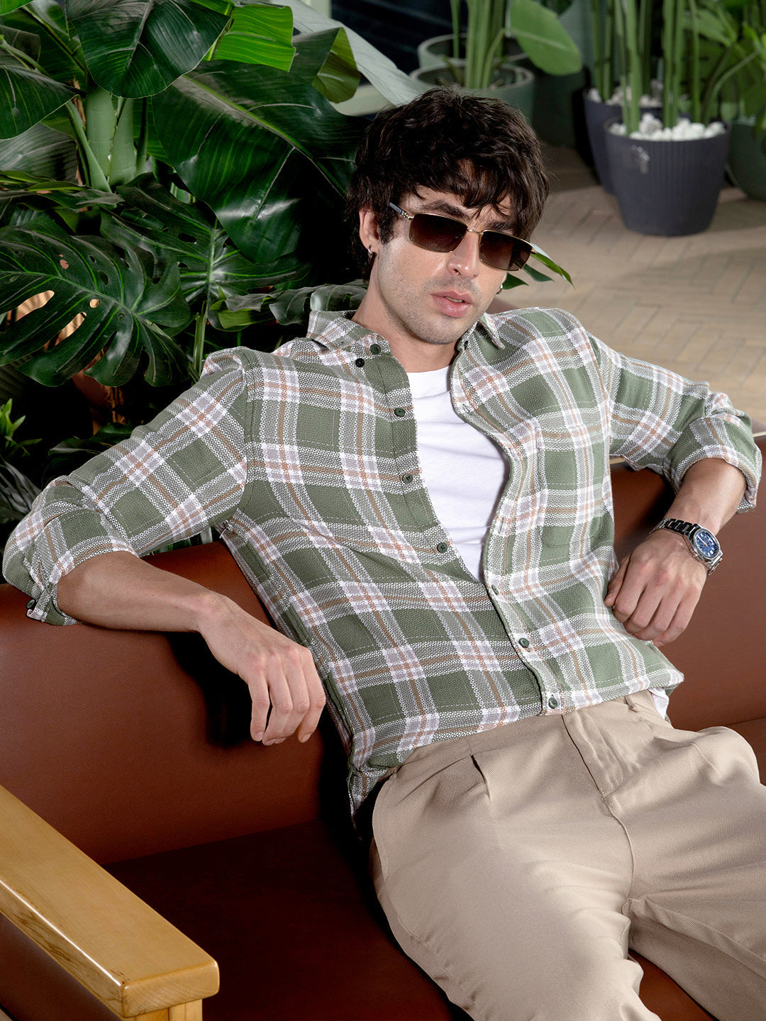 Campus Sutra Button-Down Tartan-Jacquard Shirt