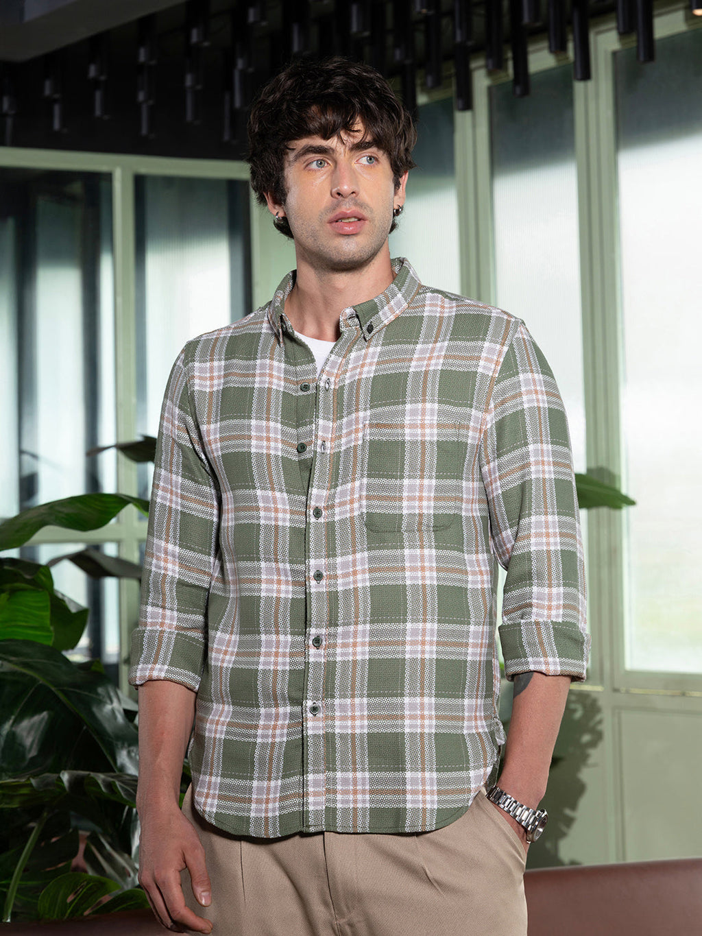 Campus Sutra Button-Down Tartan-Jacquard Shirt