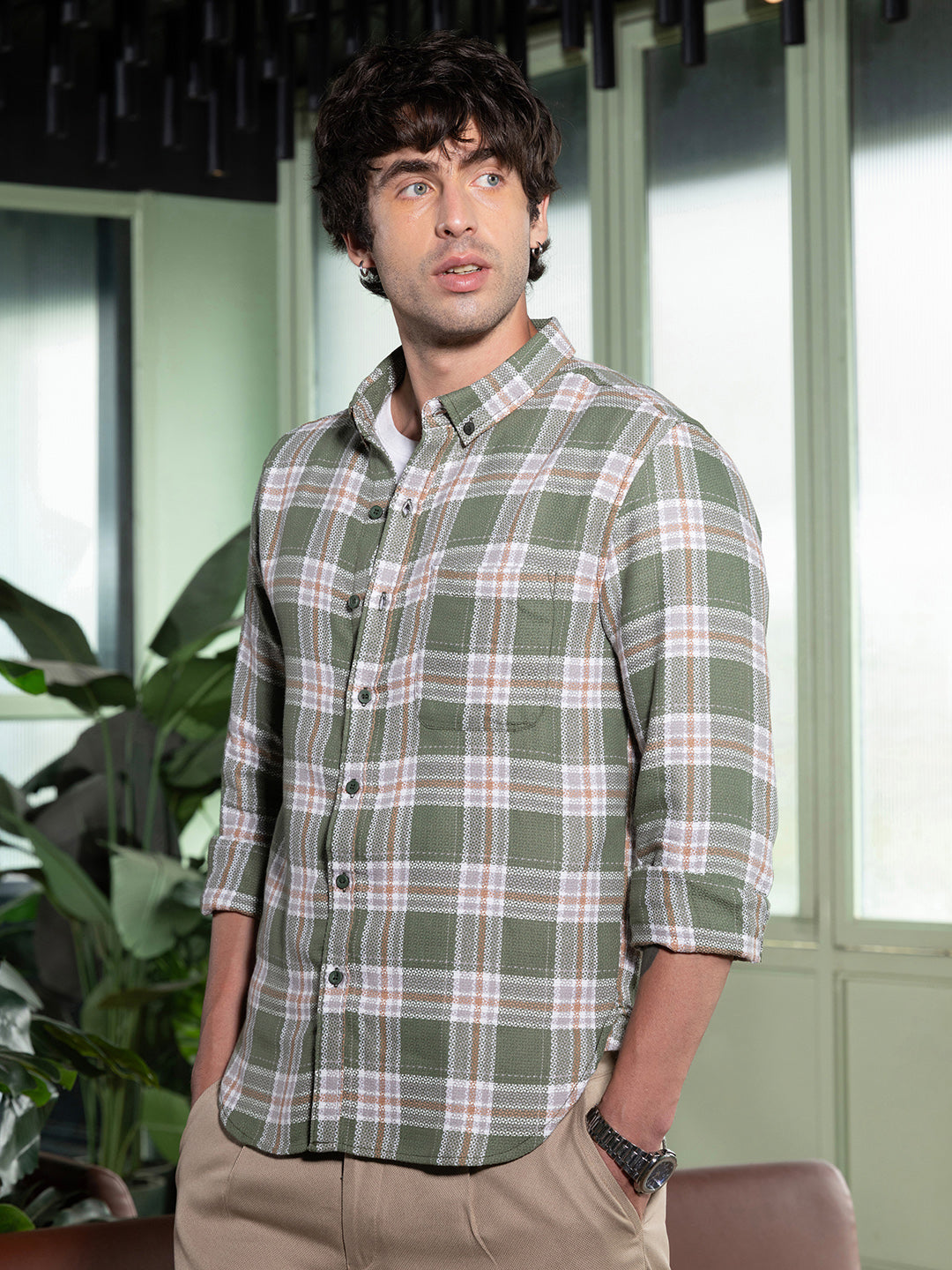 Campus Sutra Button-Down Tartan-Jacquard Shirt