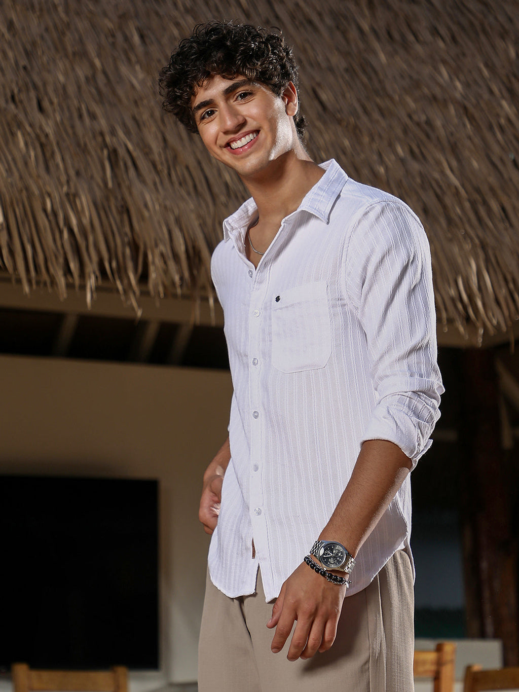 Campus Sutra Rope-Stripe Jacquard Shirt