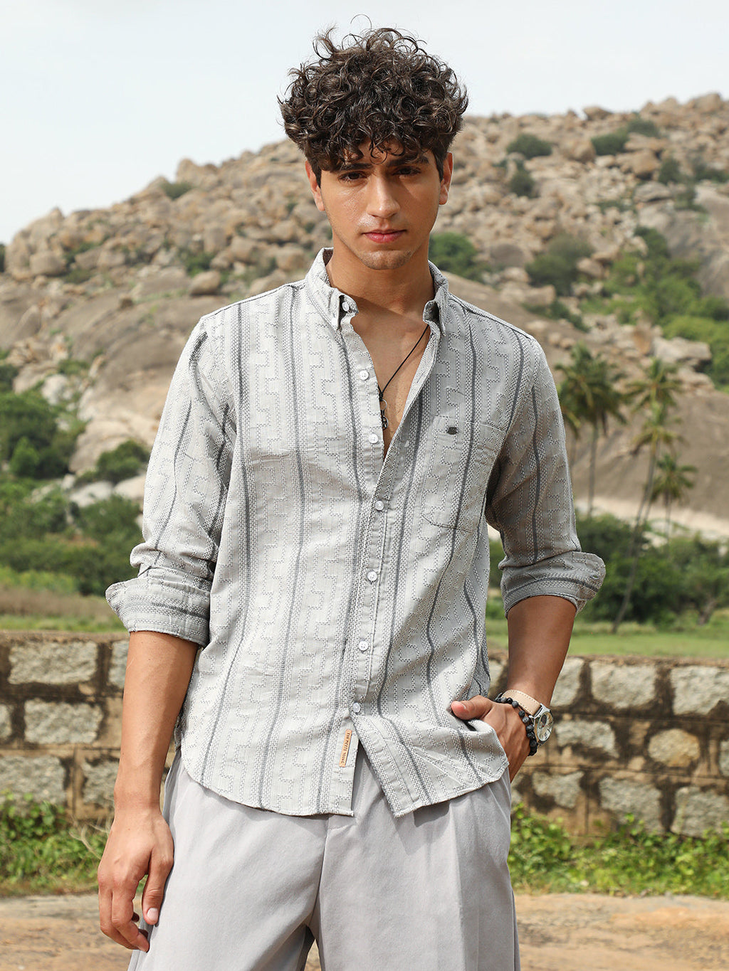 Campus Sutra Geo-Stripe Jacquard Shirt