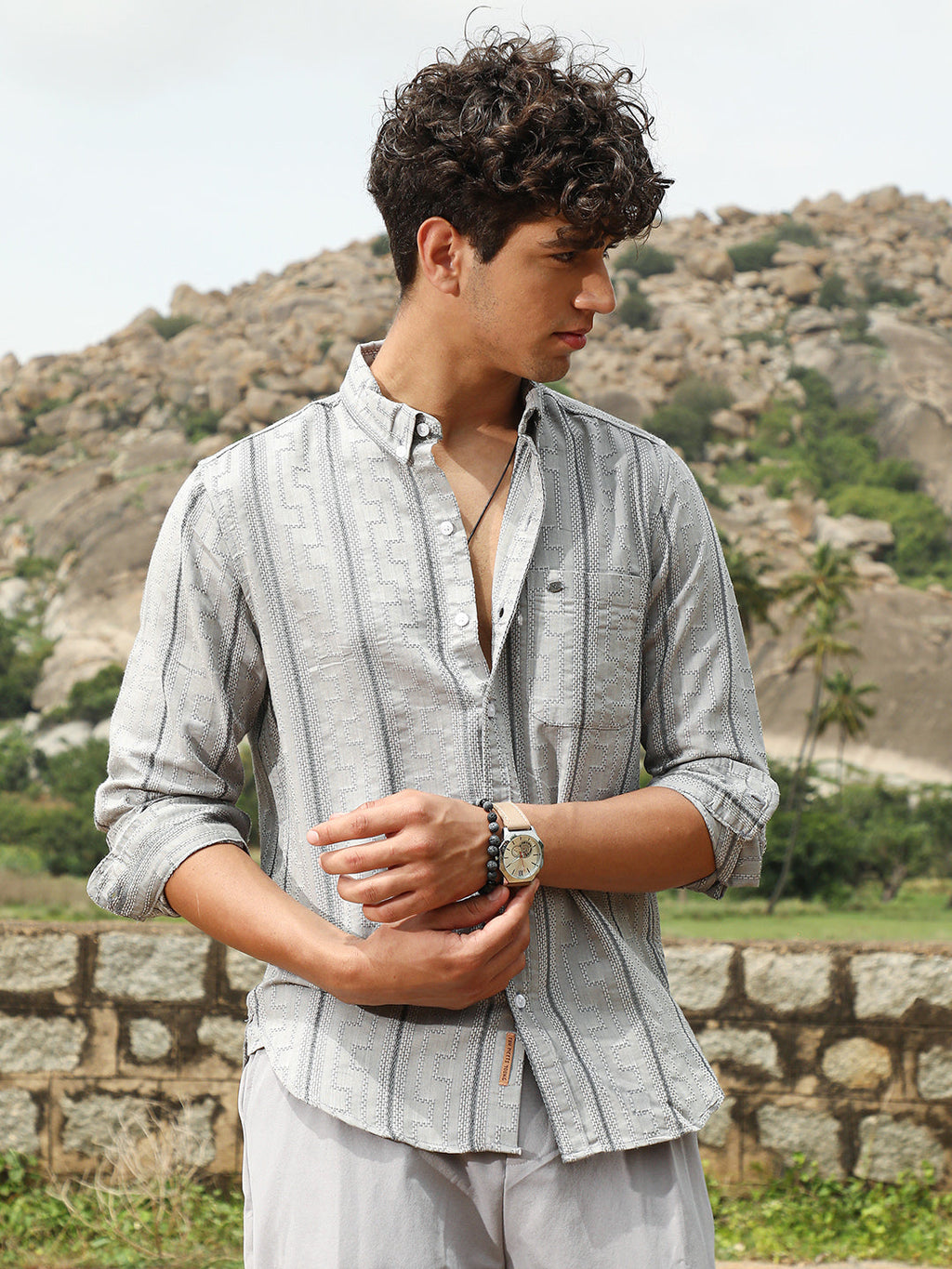 Campus Sutra Geo-Stripe Jacquard Shirt