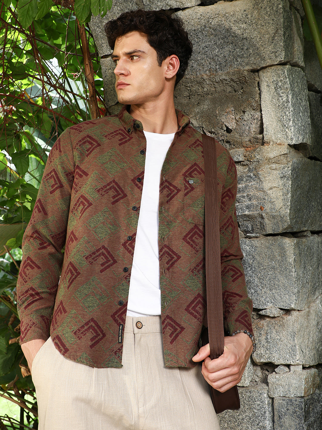 Campus Sutra Coffee Brown Cubic-Stamp Jacquard Shirt