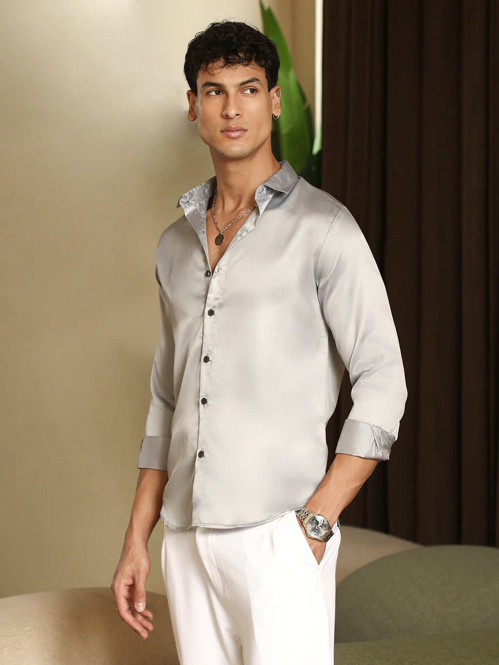 Campus Sutra Solid-Satin Regular Shirt