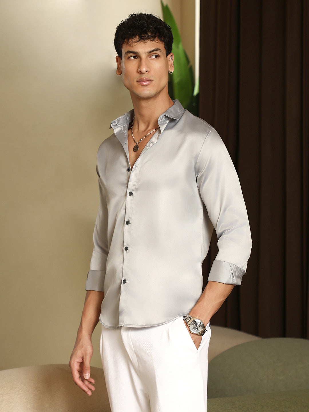 Campus Sutra Solid-Satin Regular Shirt