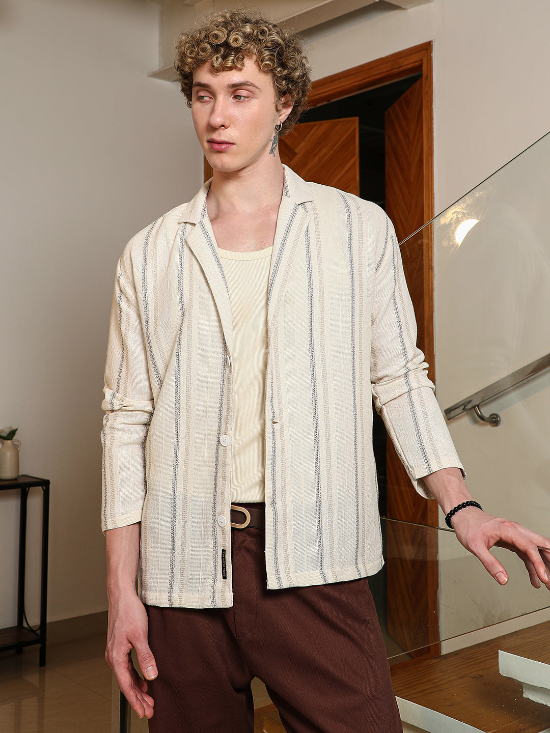 Campus Sutra Striped Cotton Cuban Collar Shirt