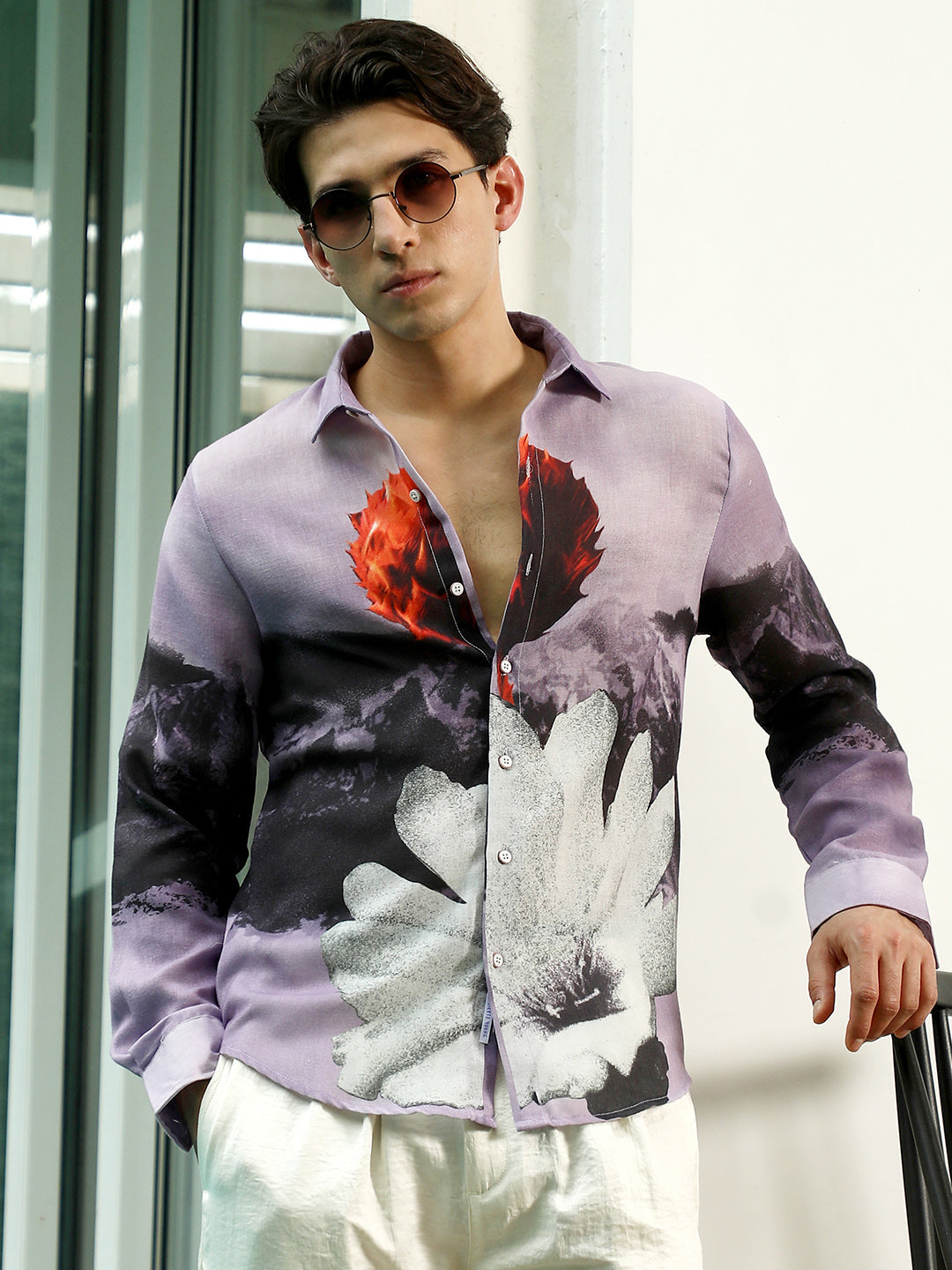 Campus Sutra Purple Floral Printed Rayon Shirt With Spread Collar