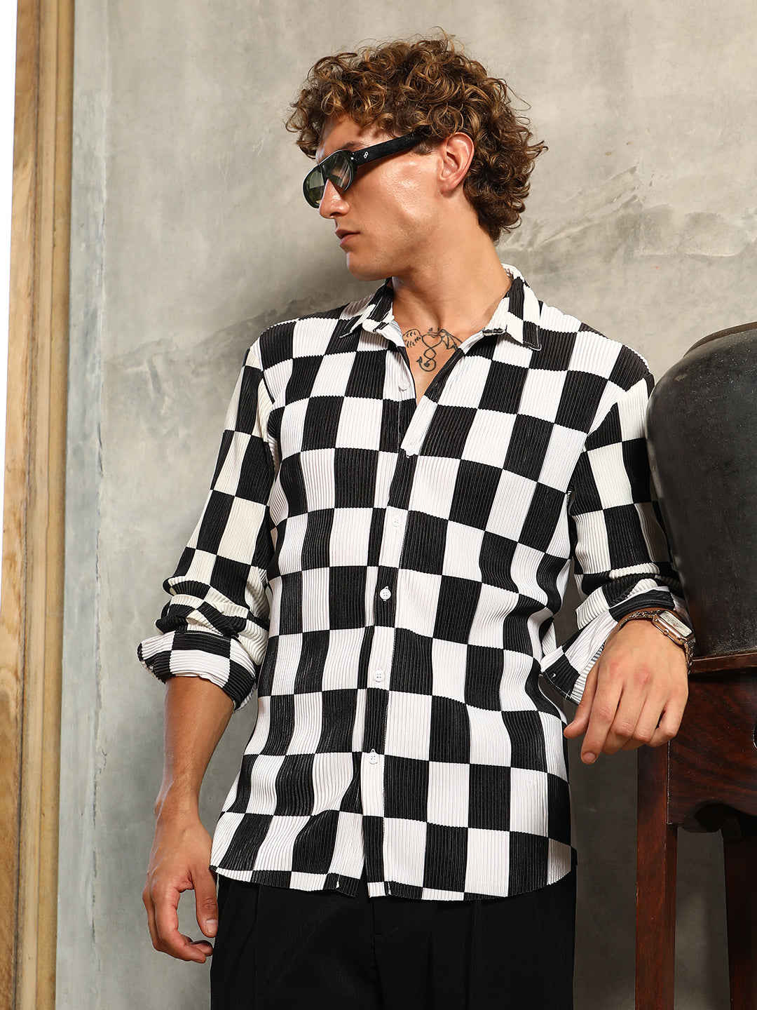 Campus Sutra Pleated-Checker Shirt