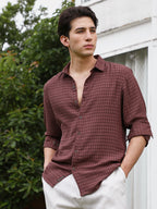 Campus Sutra Burgundy Checkered Tailored Fit Full Sleeve Shirt