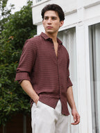 Campus Sutra Burgundy Checkered Tailored Fit Full Sleeve Shirt