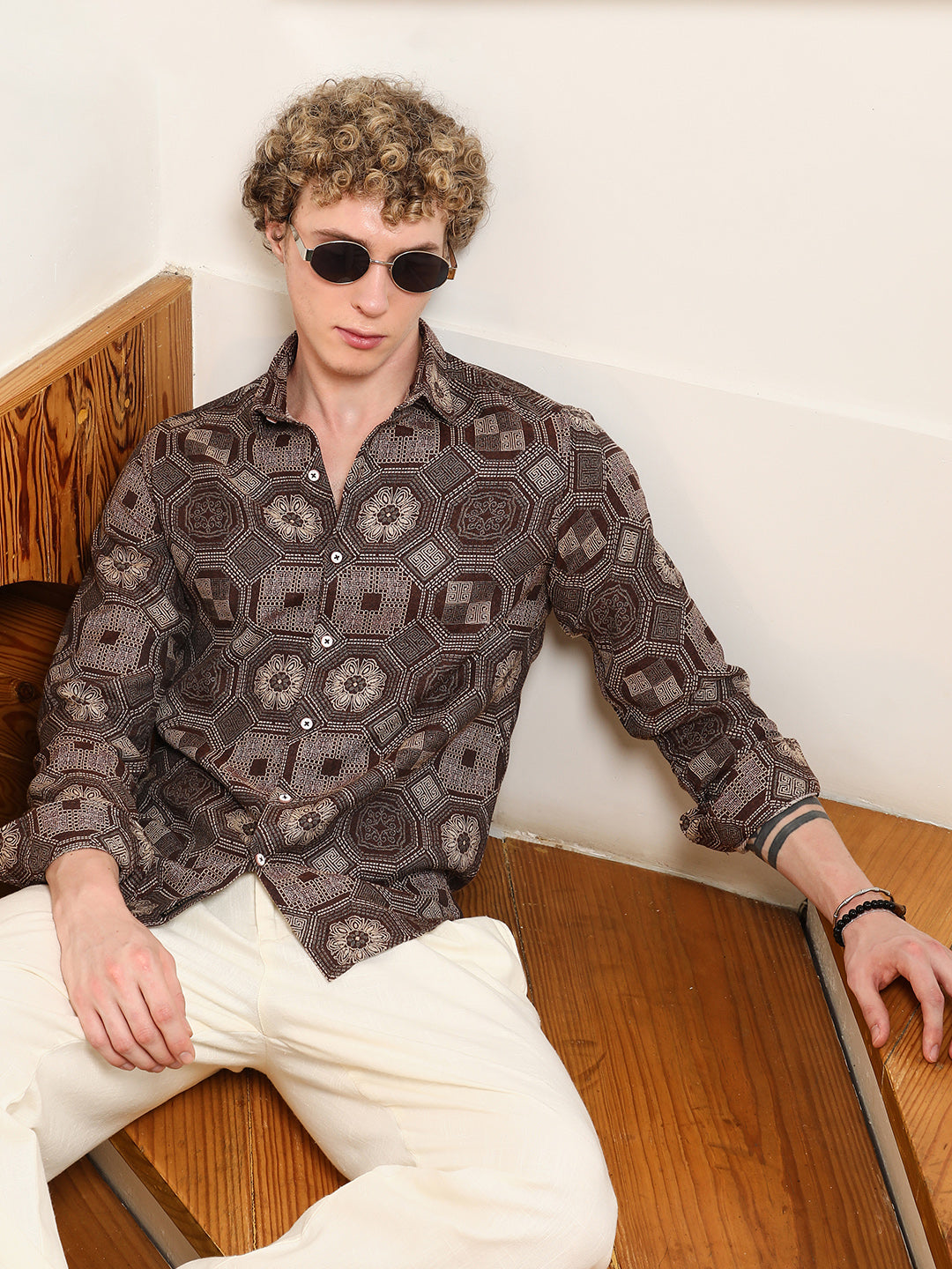 Campus Sutra Geometric Pattern Cotton Blend Full Sleeve Shirt