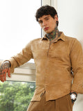 Campus Sutra Beige Textured Slim Fit Shirt With Palm Tree Pattern