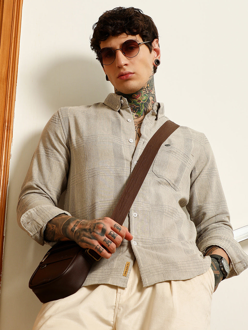 Campus Sutra Light Grey Textured Cotton Blend Shirt