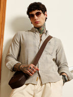 Campus Sutra Light Grey Textured Cotton Blend Shirt