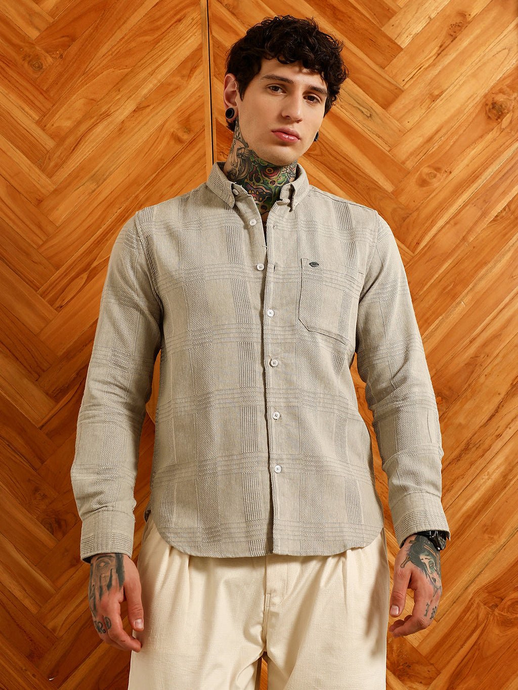 Campus Sutra Light Grey Textured Cotton Blend Shirt