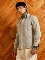 Campus Sutra Light Grey Textured Cotton Blend Shirt