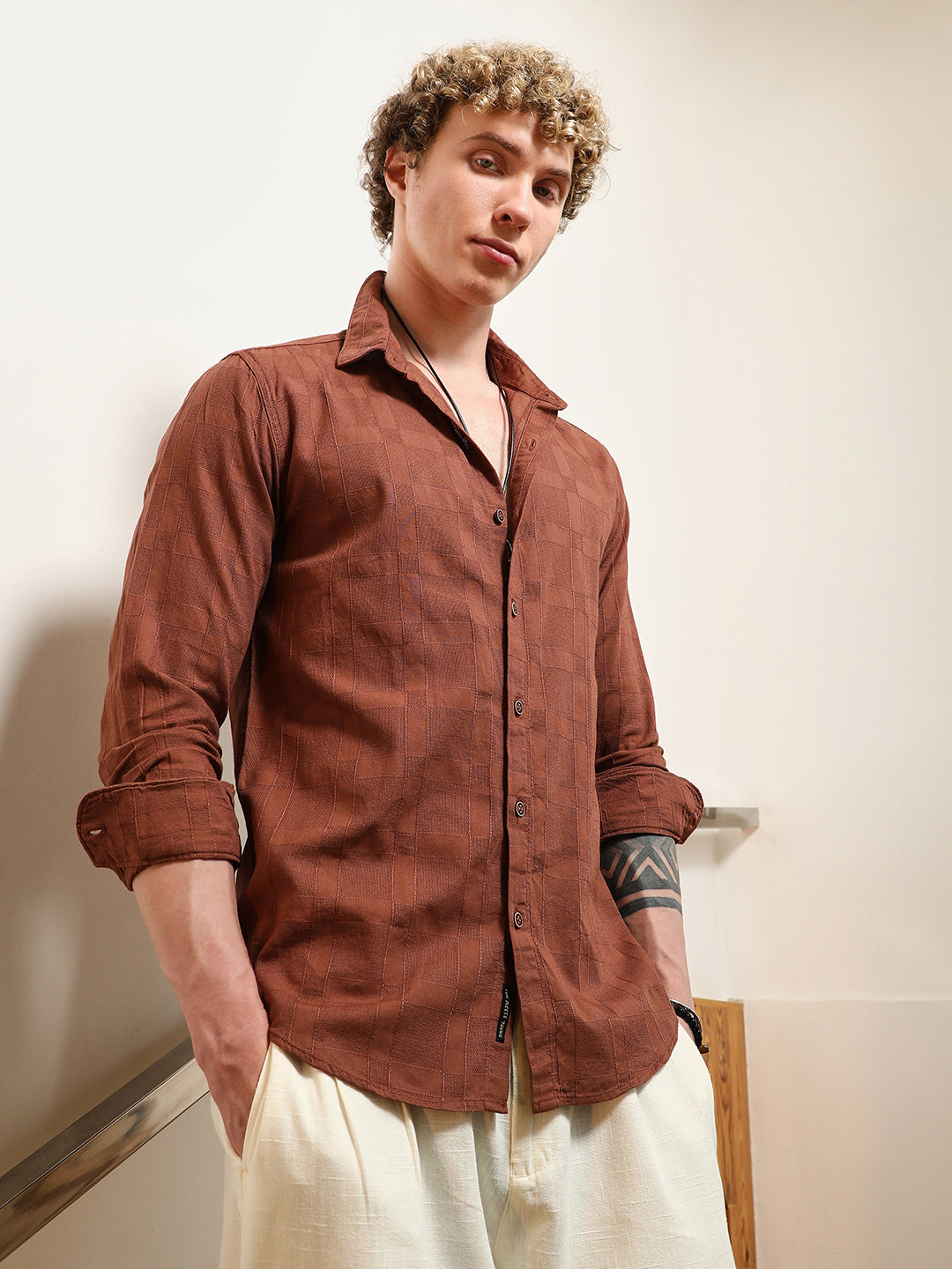 Campus Sutra Terracotta Textured Cotton Shirt With Point Collar