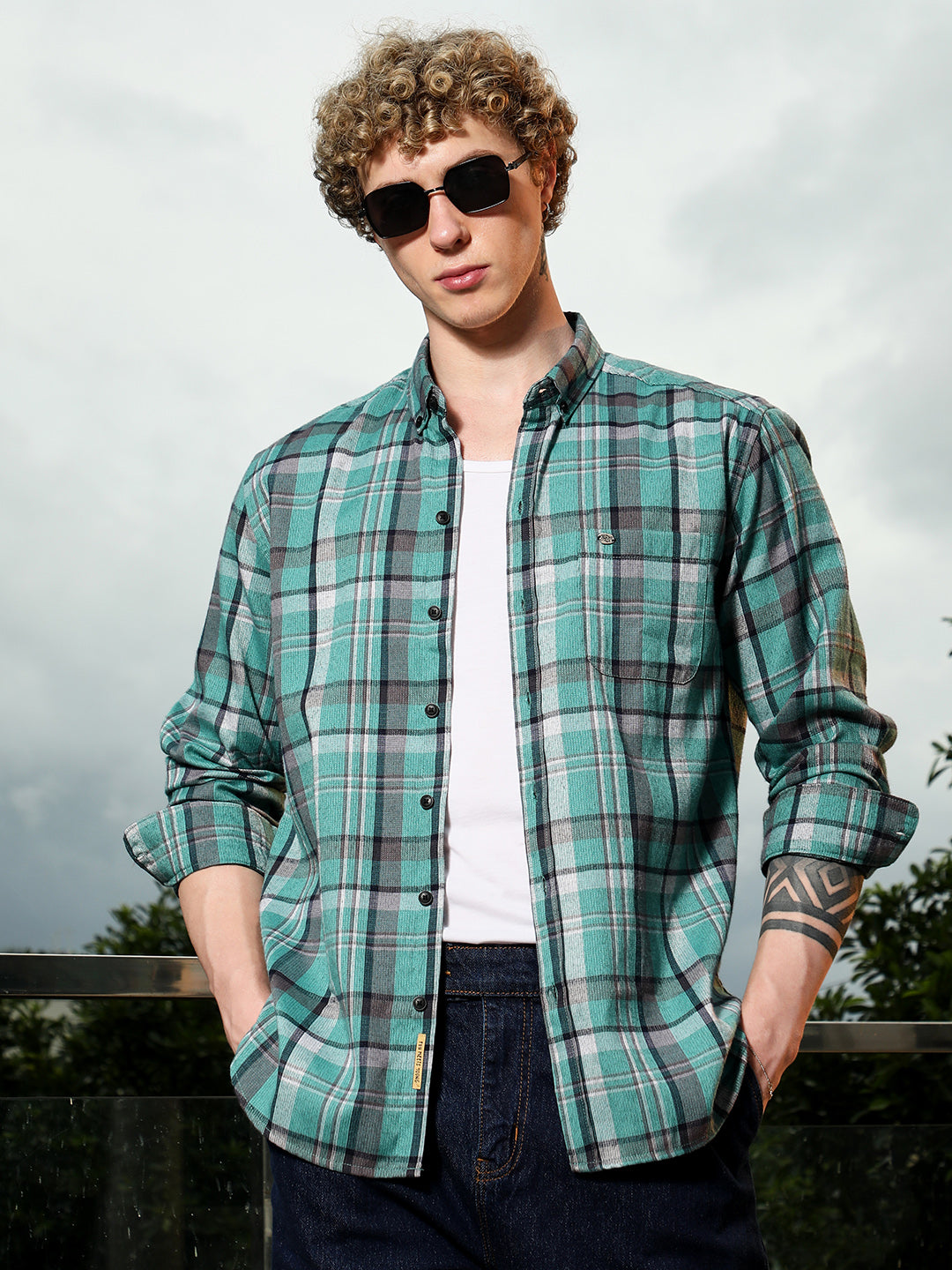 Campus Sutra Green Plaid Tailored Fit Full Sleeve Shirt