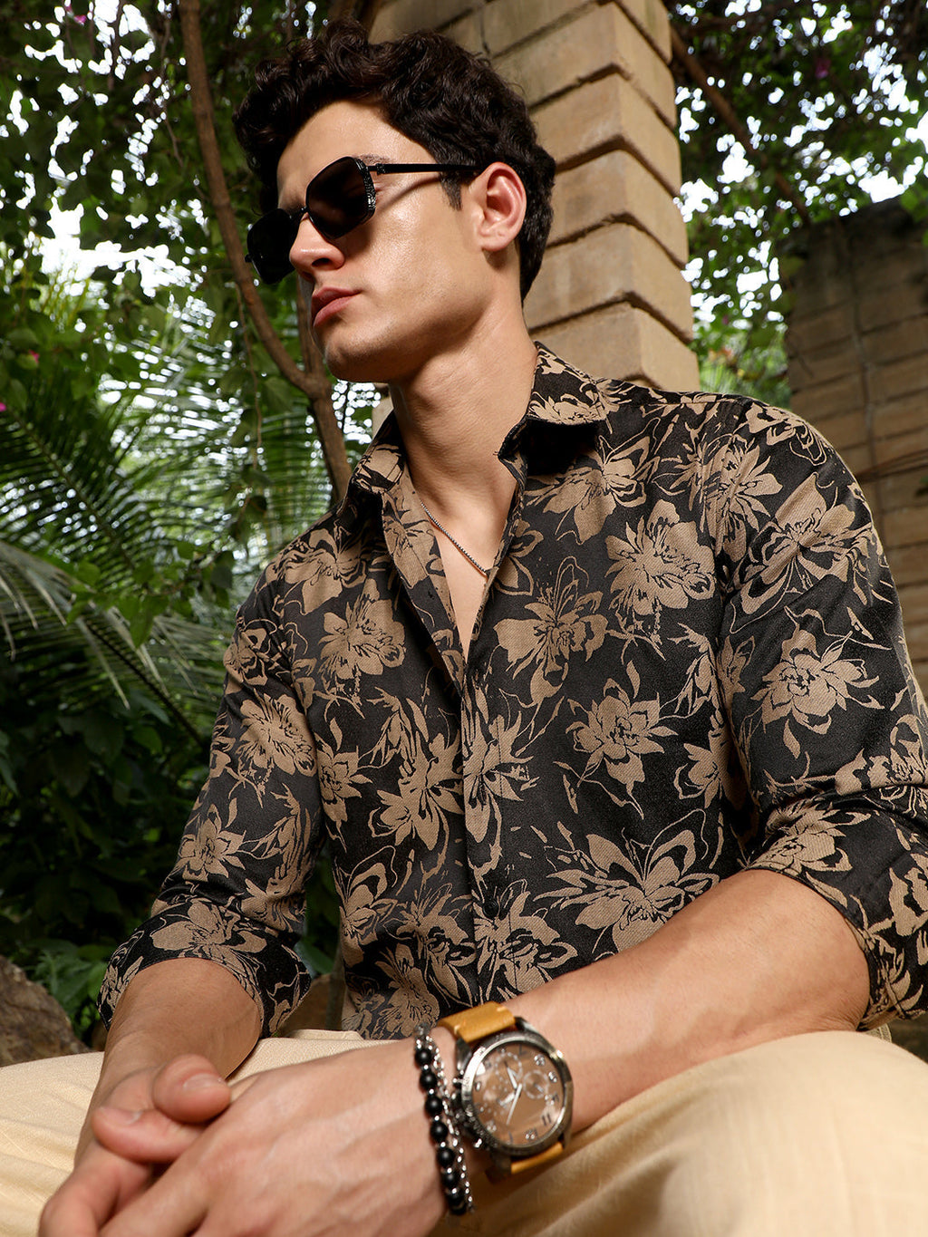 Campus Sutra Sand Beige & Midnight Black Contrast-Flora Jacquard Shirt