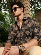 Campus Sutra Sand Beige & Midnight Black Contrast-Flora Jacquard Shirt