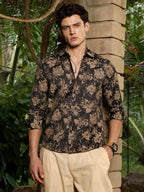 Campus Sutra Sand Beige & Midnight Black Contrast-Flora Jacquard Shirt