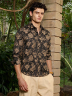 Campus Sutra Sand Beige & Midnight Black Contrast-Flora Jacquard Shirt
