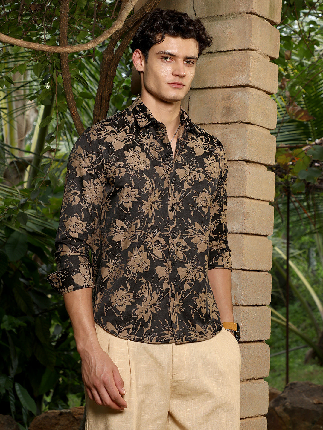 Campus Sutra Sand Beige & Midnight Black Contrast-Flora Jacquard Shirt
