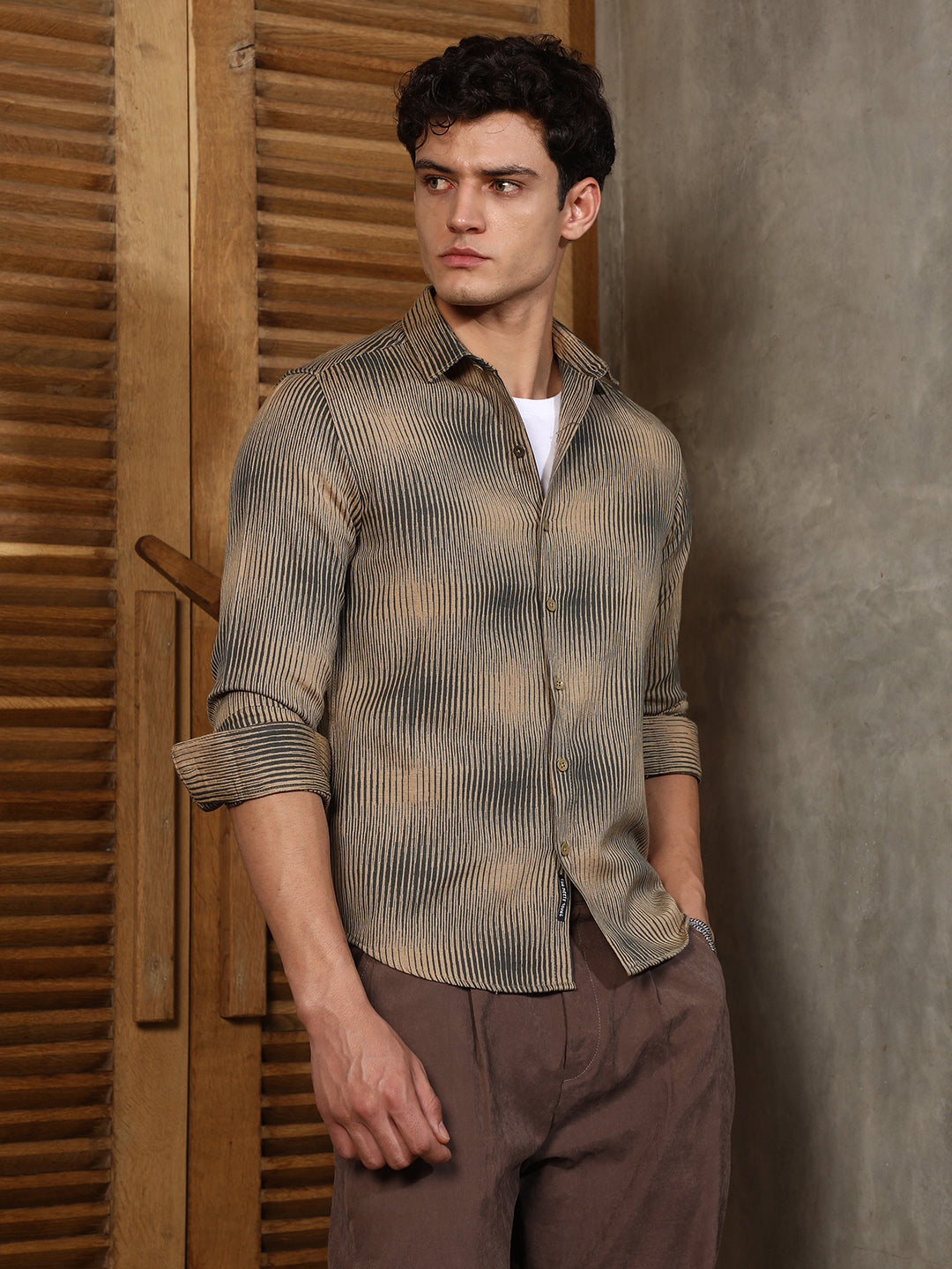 Campus Sutra Sand Beige & Midnight Black Gradient-Rhombus Jacquard Shirt