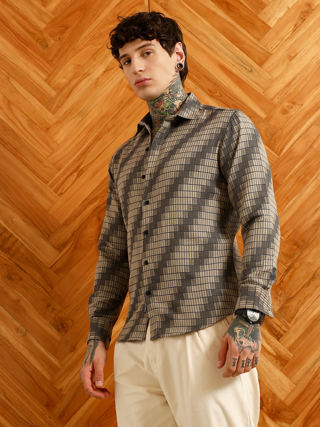 Campus Sutra Diagonal Check Slim Fit Shirt - Cotton Polyester Blend
