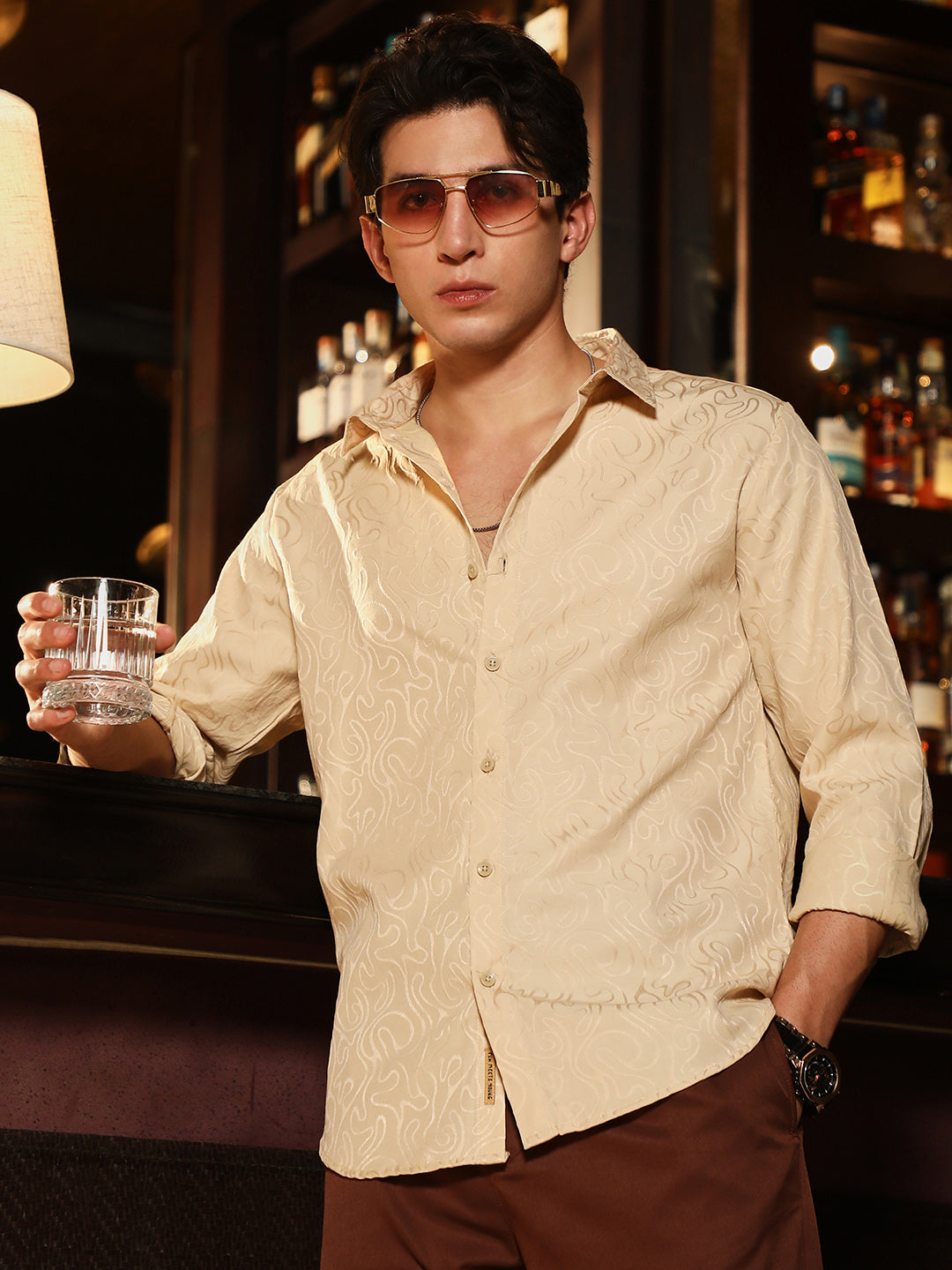 Campus Sutra Abstract-Lined Jacquard Shirt