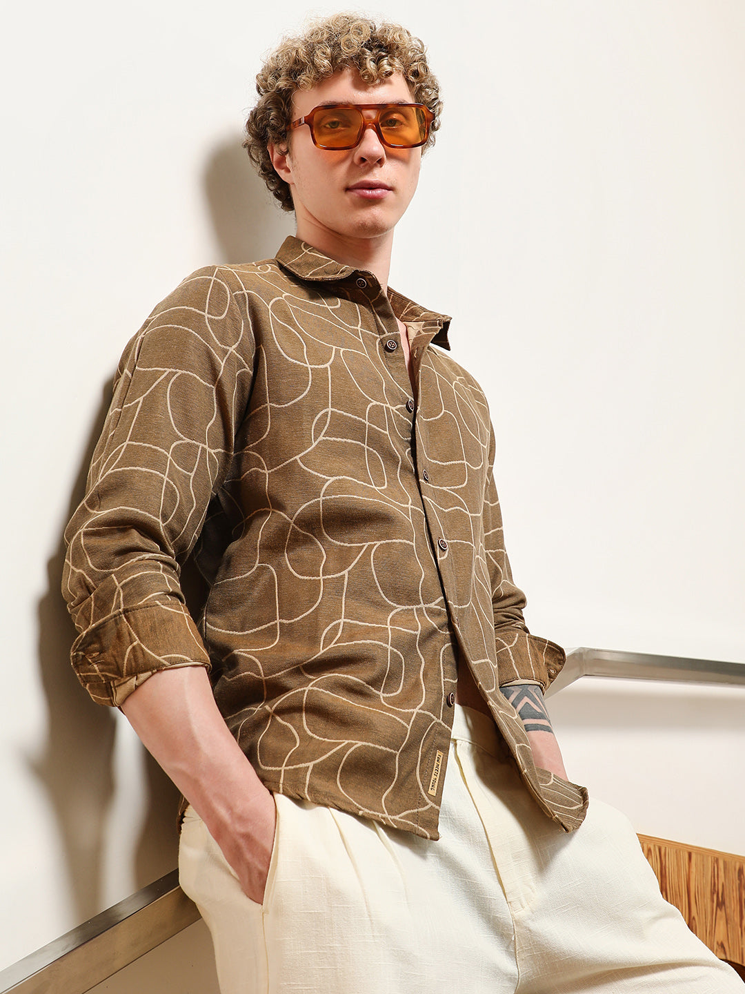 Campus Sutra Brown Abstract Print Cotton Blend Full Sleeve Shirt