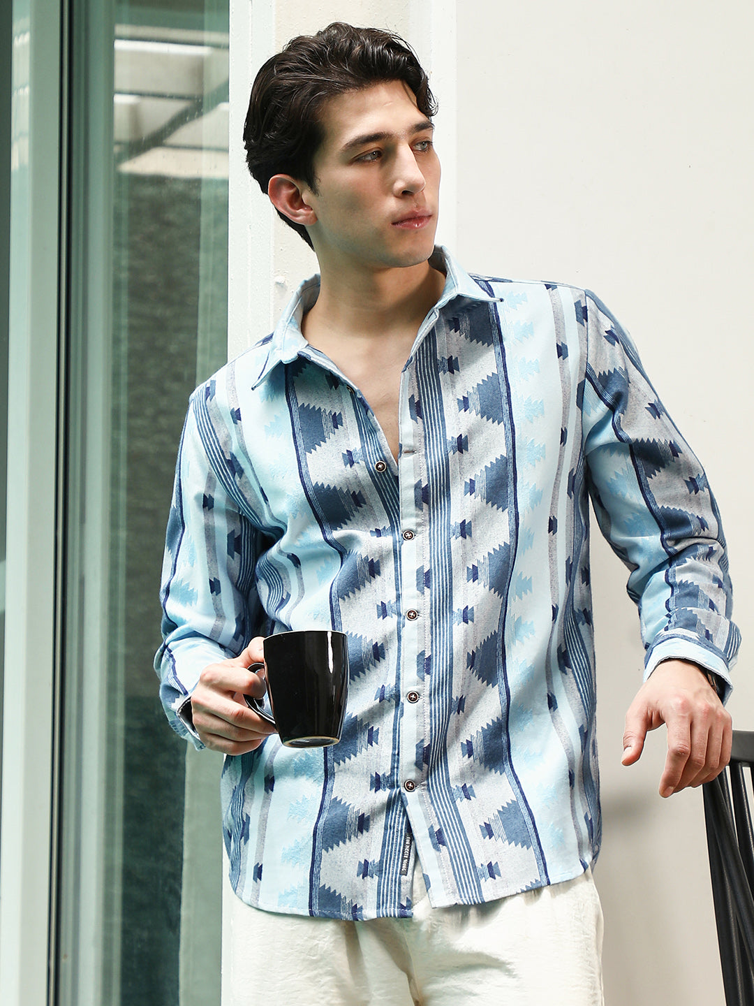 Campus Sutra Blue Geometric Pattern Cotton Polyester Blend Full Sleeve Shirt