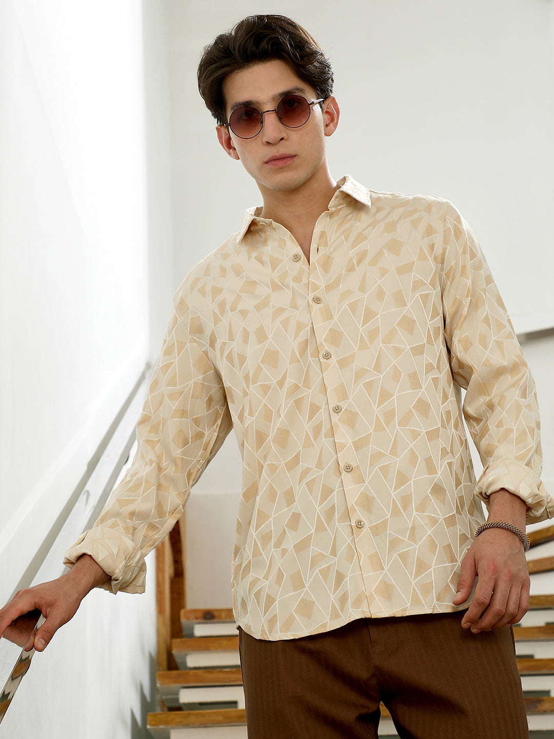 Campus Sutra Beige Geometric Pattern Cotton Blend Full Sleeve Shirt