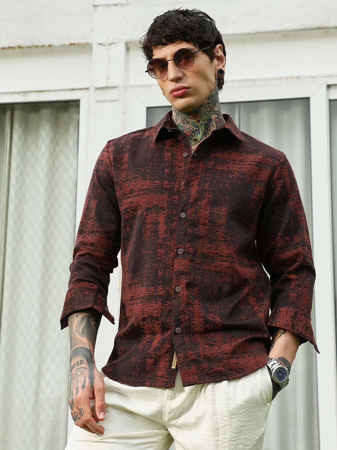 Campus Sutra Burgundy Abstract Pattern Full Sleeve Shirt