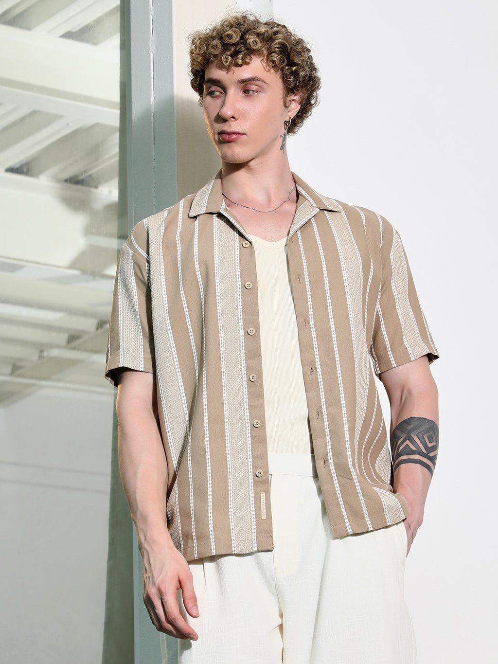 Campus Sutra Beige Striped Cuban Collar Shirt
