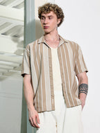 Campus Sutra Beige Striped Cuban Collar Shirt