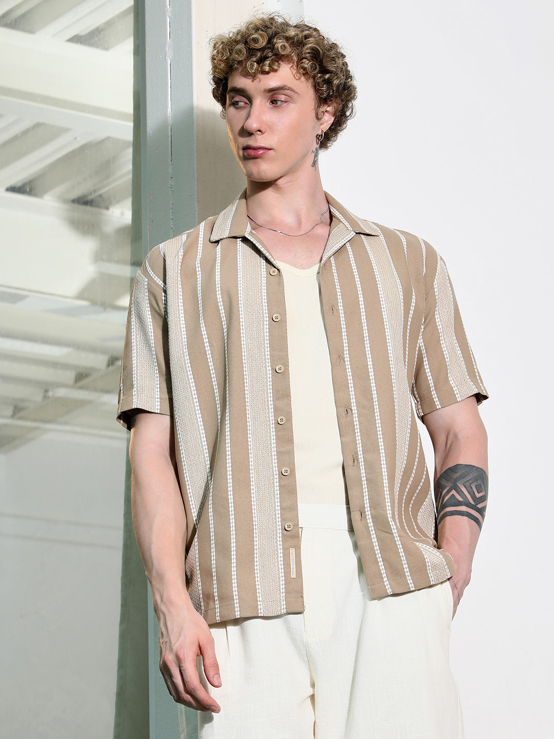 Campus Sutra Beige Striped Cuban Collar Shirt