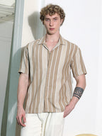 Campus Sutra Beige Striped Cuban Collar Shirt