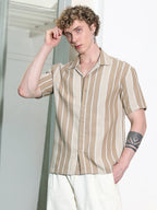 Campus Sutra Beige Striped Cuban Collar Shirt