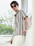 Campus Sutra Striped Cotton Blend Cuban Collar Shirt