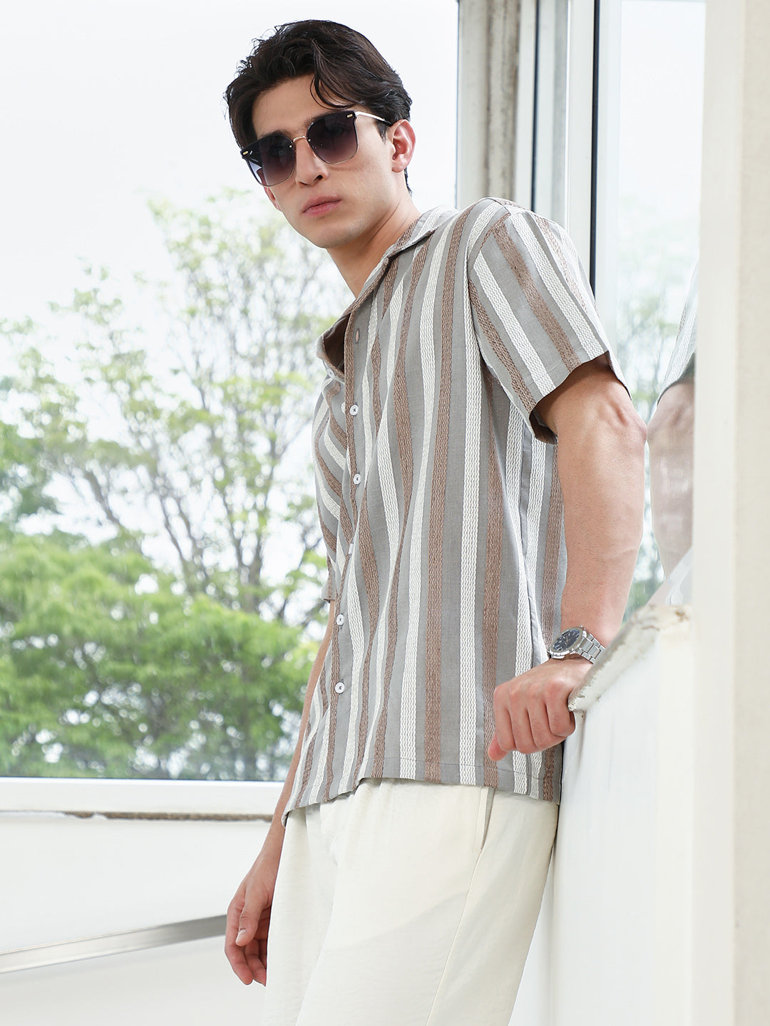 Campus Sutra Striped Cotton Blend Cuban Collar Shirt