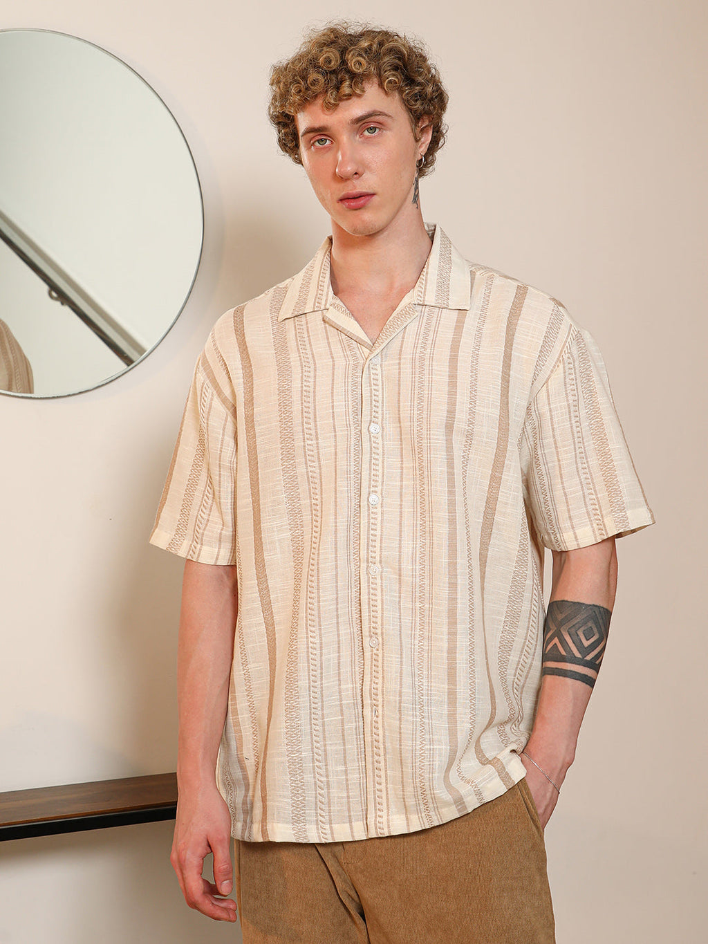 Campus Sutra Beige Striped Cuban Collar Shirt