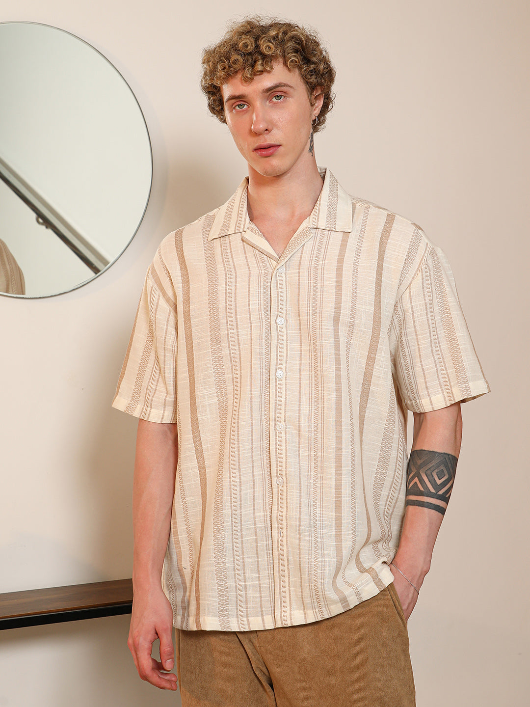 Campus Sutra Beige Striped Cuban Collar Shirt