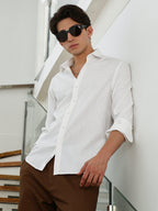 Campus Sutra White Textured Cotton Blend Slim Fit Shirt