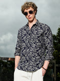 Campus Sutra Dark Blue Floral Cotton Poly Casual Shirt